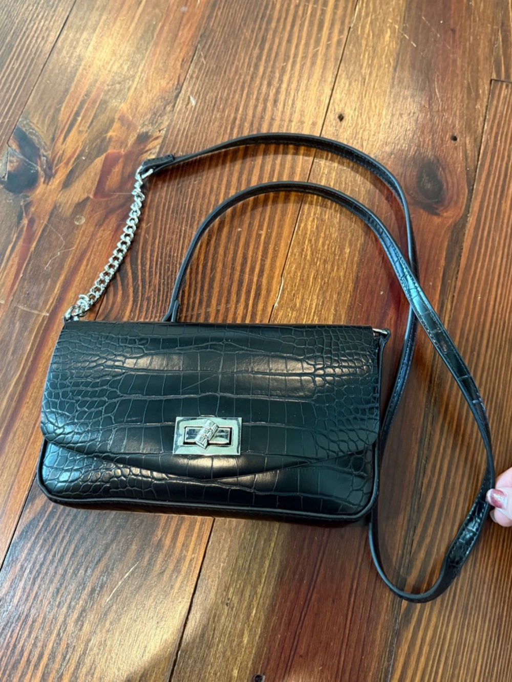 Structured Black Faux-Croc Crossbody with Chain Strap